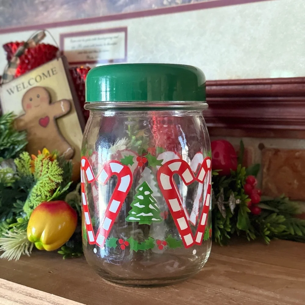 Holiday Candy Cane Heart Glass Jar with Green Lid